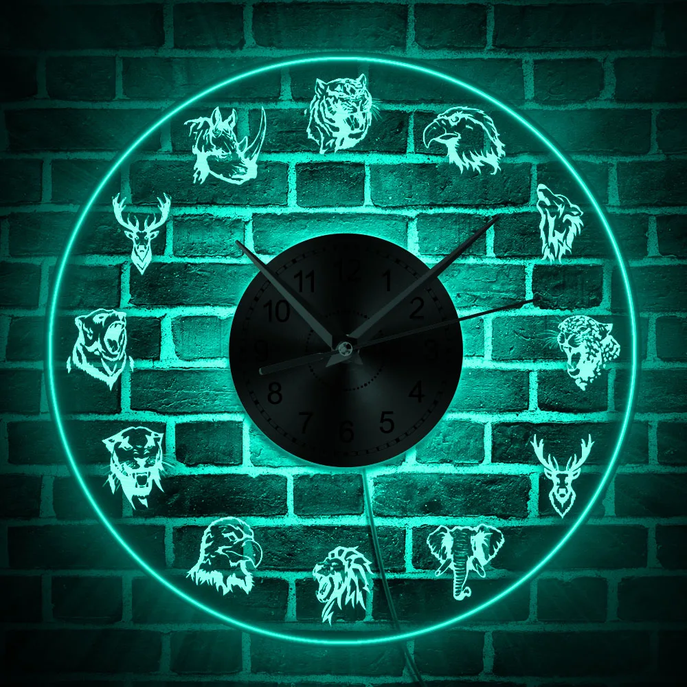 Forest Wildlife Animals Wall Clock with LED Backlight Wild Animals Portrait LED Wall Light Home Decor Hanging Watch Timepieces