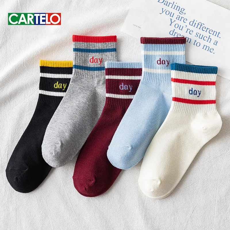 CARTELO Fashion Striped Letter Women Socks New Casual Sport Middle Tube Socks Soft Breathable Cotton 4 Season Women Носки мужски