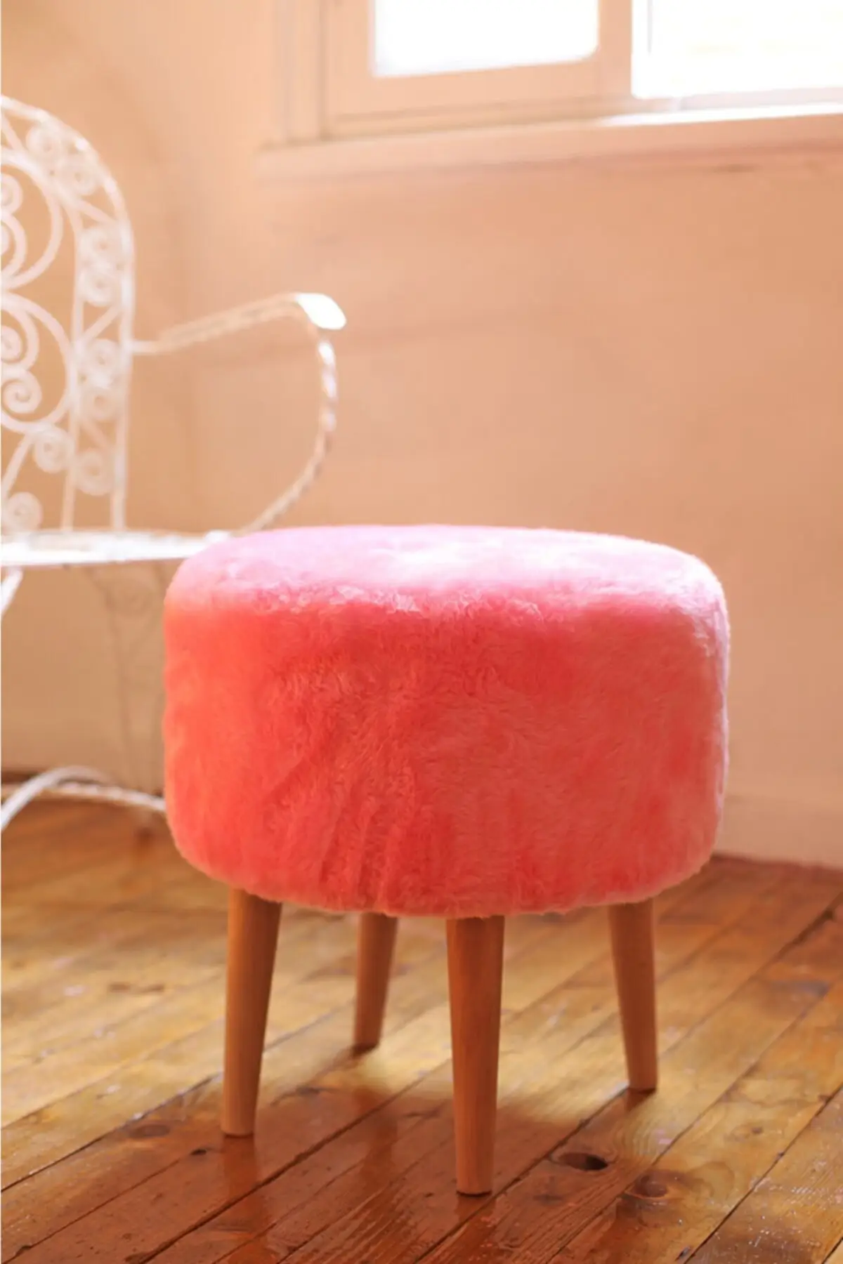 Runde Rosa Plüsch Puff Holz Fuß Paa01364 rosa hocker plüsch hocker pelz hocker