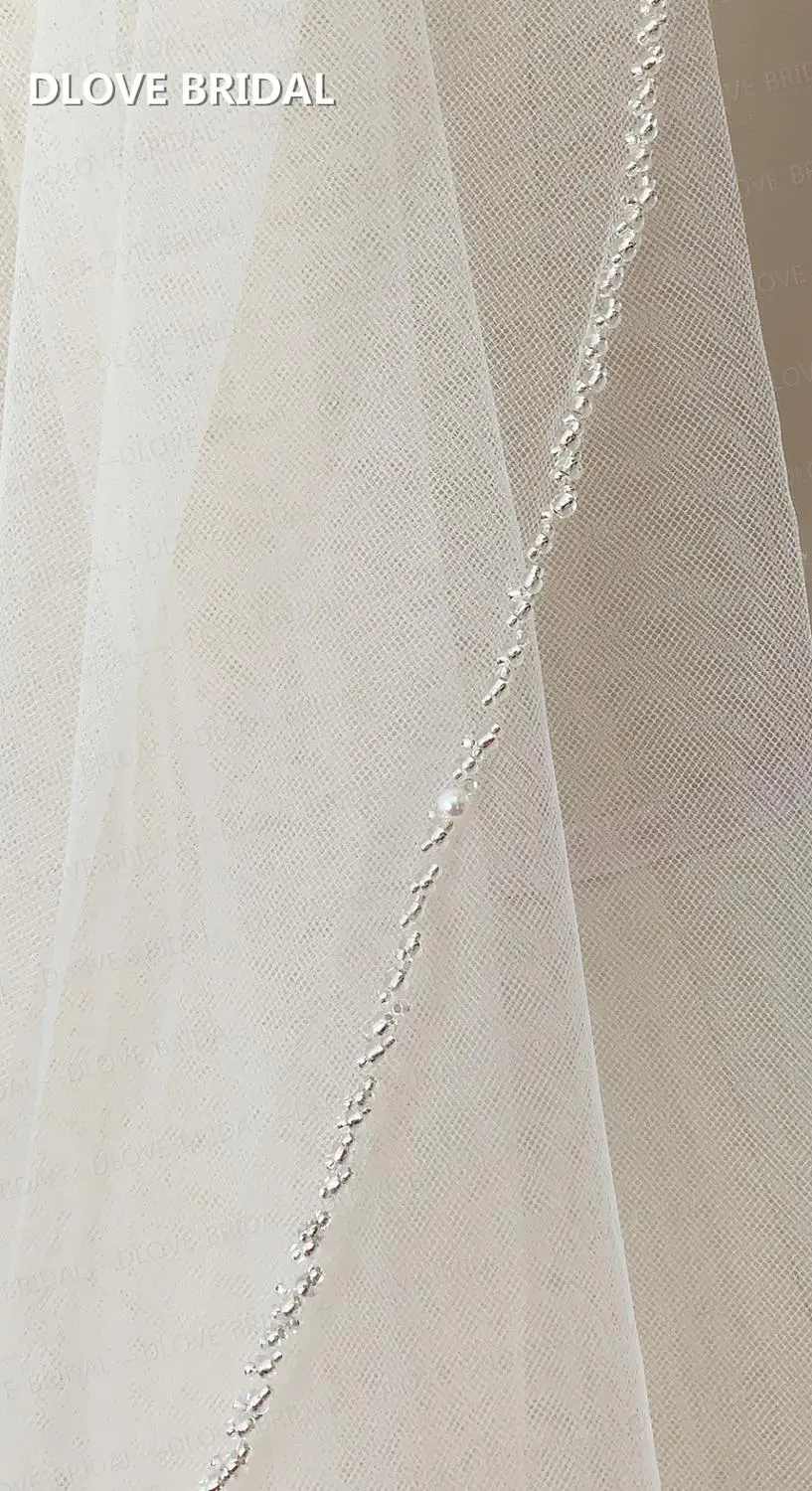 Velo de novia de boda de alta calidad con cuentas de perlas, accesorio para el cabello de una capa con peine, tul champán blanco marfil