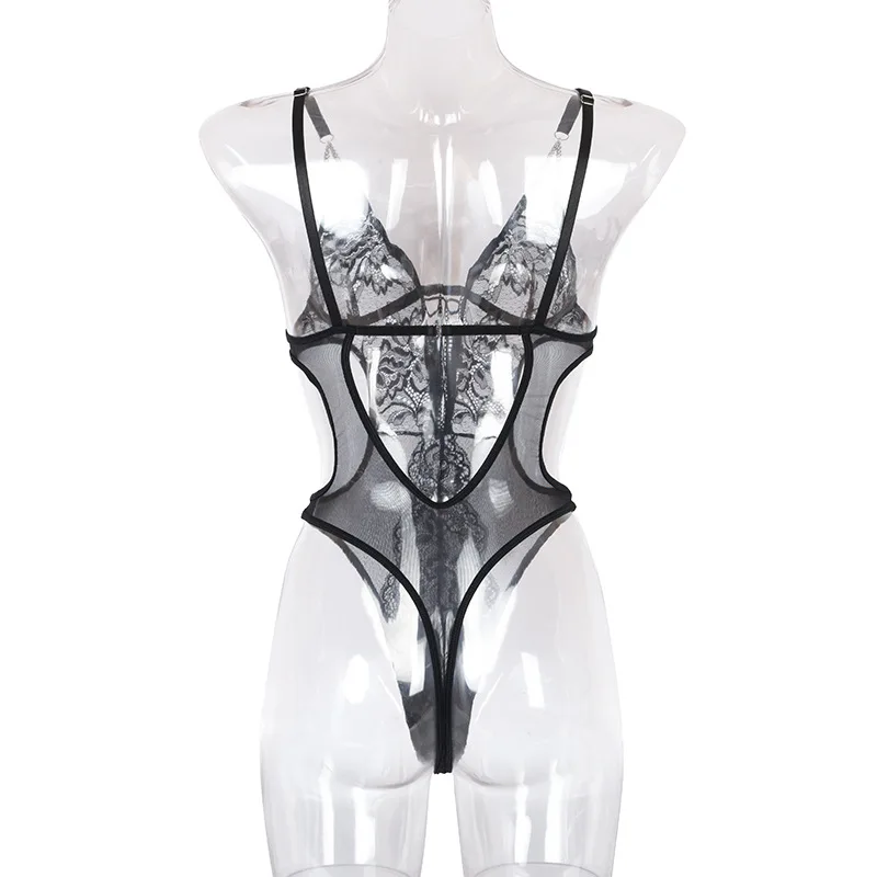 Jumpsuit Seksi Kerah V Tembus Pandang Setengah Atasan Halter Rantai Logam Baru