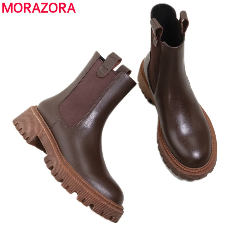 MORAZORA 2022 New Cow Leather Chelsea Boots Women Slip On Ankle Boots Brown Fashion Genuine Leather Boots Ladies Fashion Shoes