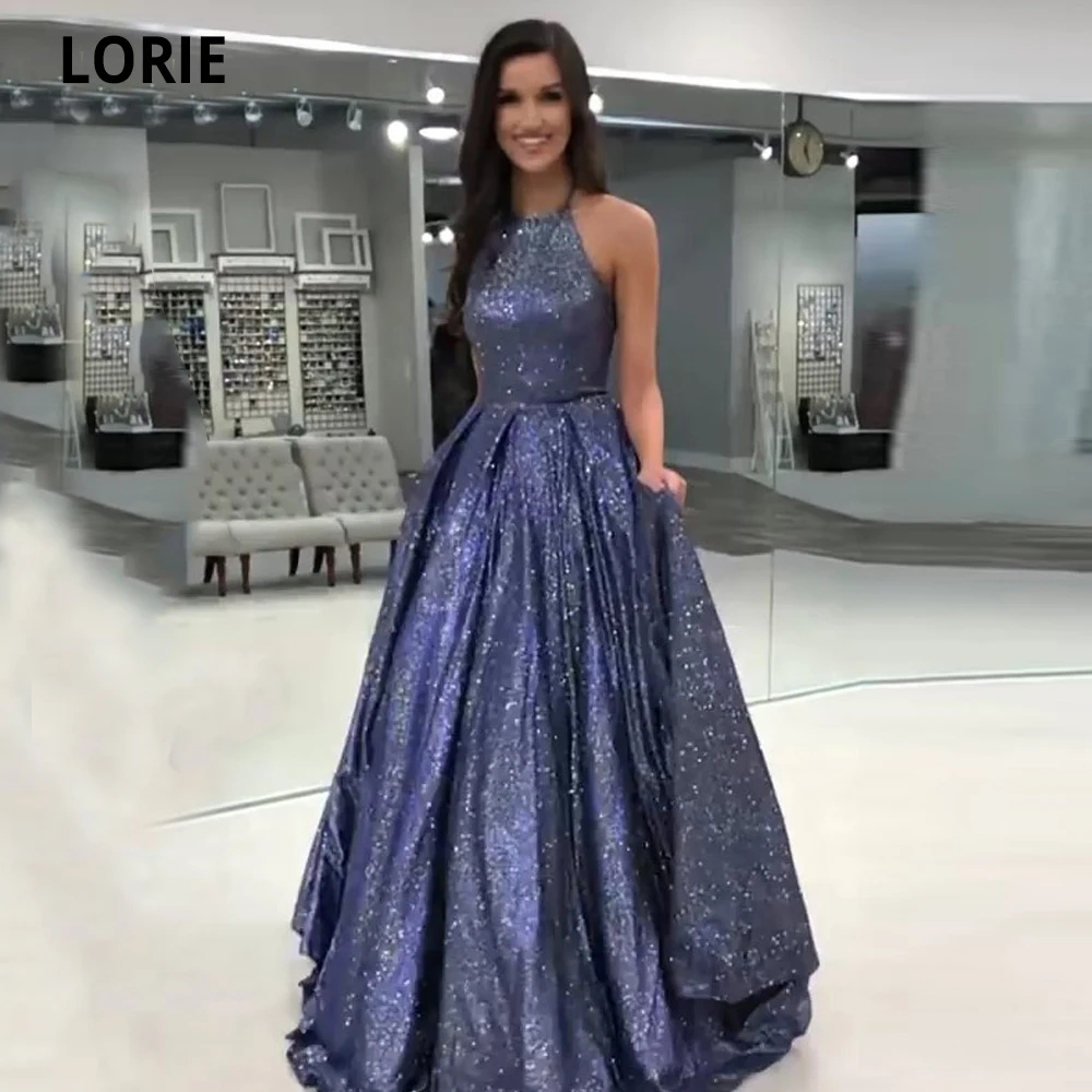 LORIE Halter Glitter abiti da ballo con tasche abiti da sera formali lunghi aperti sul retro Plus Size abito per occasioni speciali lucido