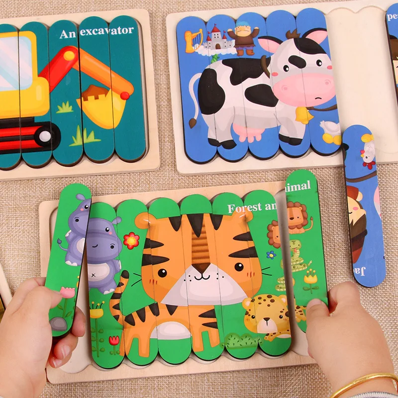 Kid Brain Wooden Toy Double-sided 3D Strip Animal Puzzle Telling Story Stacking Jigsaw Montessori Educational Toy Activity Board