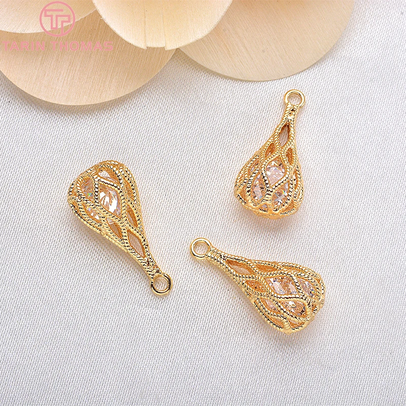 (592)4PCS 20*10MM 24K Champagne Gold Color Brass with Zircon Double Drop Charms Pendants High Quality Jewelry Accessories