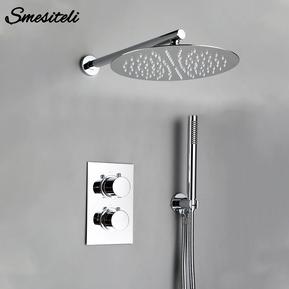 Smesiteli Bathroom Shower Set Chrome Rain Shower Faucet Wall  Mounted Thermostatic Valve System 8-12"Shower Head Bathroom Faucet