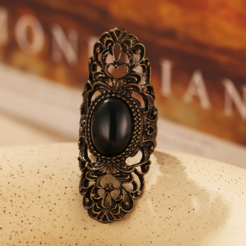 Top quality bohemian black stone ancient bronze ring AAA hollow large oval ring women\'s retro jewelry