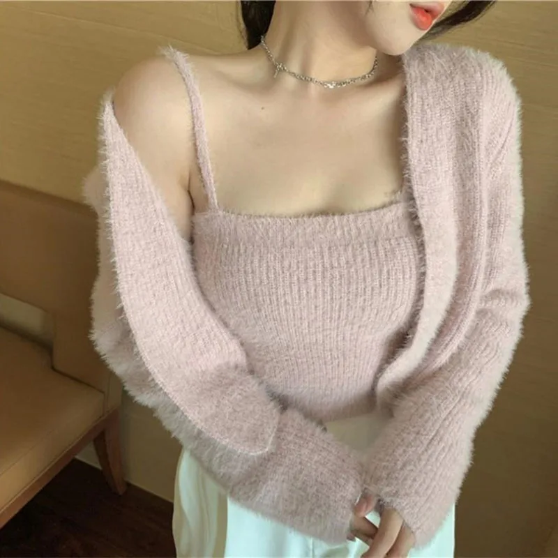 Korean Fashion Sets Autumn Sweet Cardigan V Neck Long Sleeve Pink Mohair Sweaters Coat Sexy Bottom Camisole Tops Women Clothing