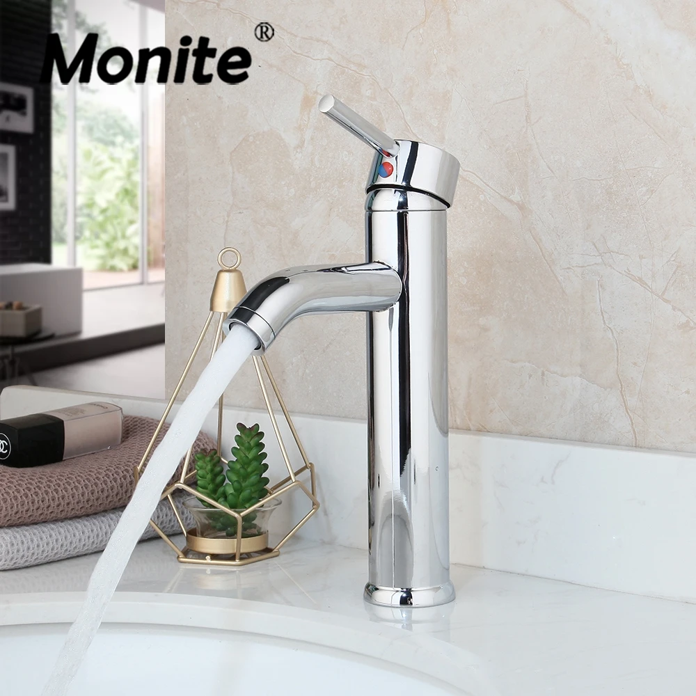 

Monite Chrome Polished Wash Basin Faucet Deck Mounted Soild Brass Bathroom Sink Tap Stream Spout Mixer Faucet