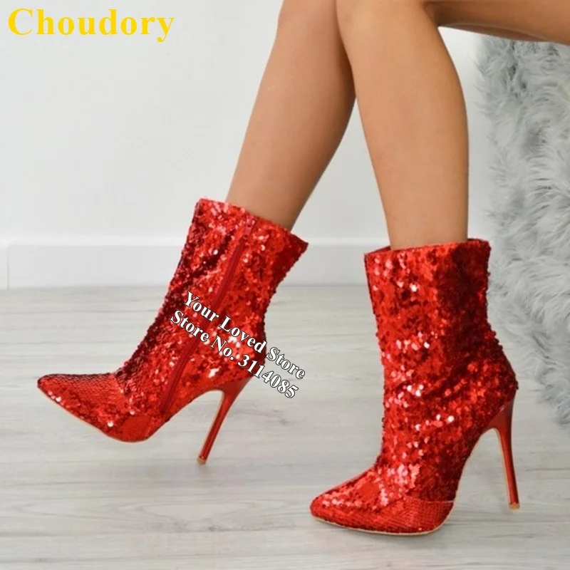 Choudory Bling Bling Red Sequined Ankle Boots Pointed Toe Stiletto Heels Paillett Wedding Shoes Plus Size Glitter Dress Pumps