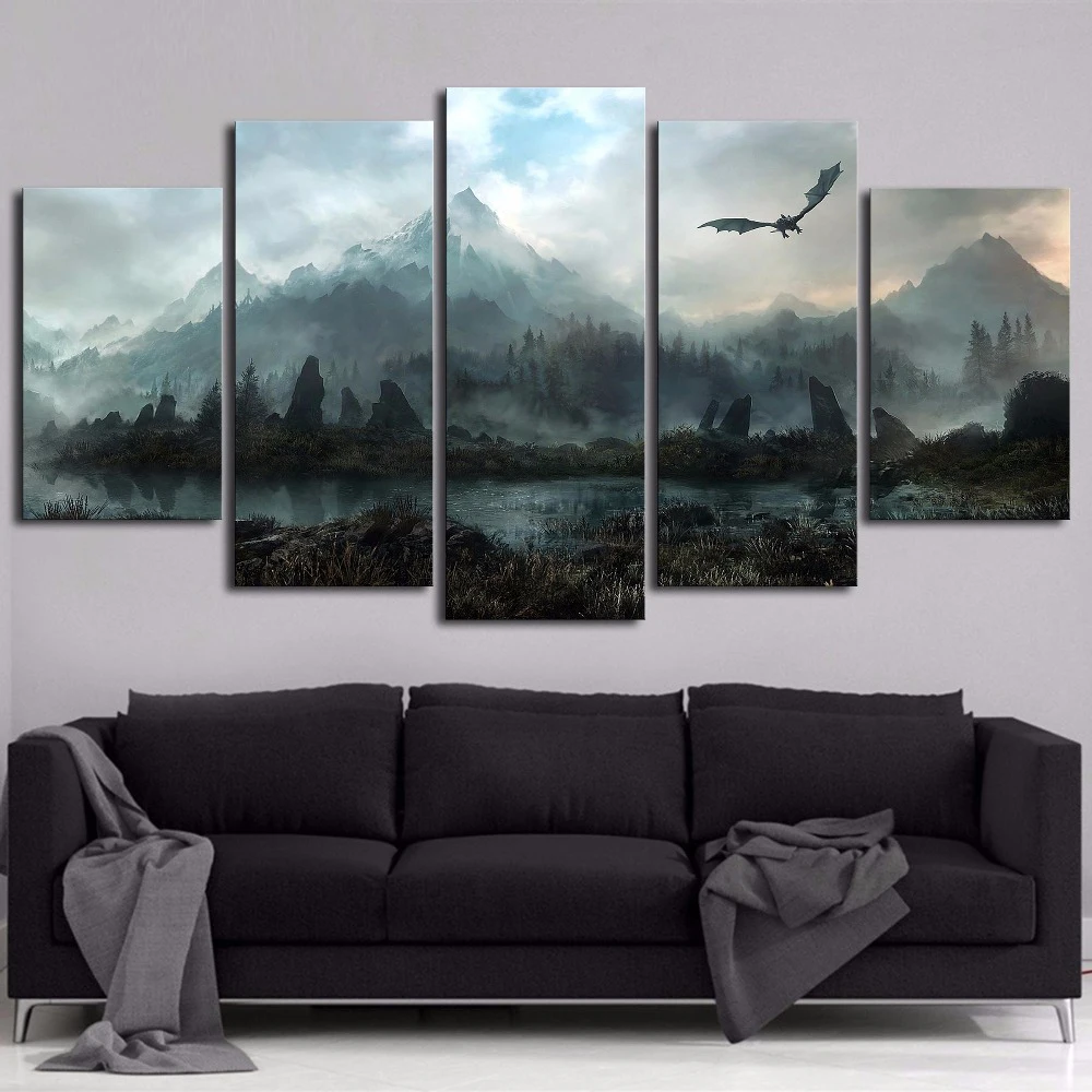 

Canvas Wall Art Pictures Home Decor 5 Pieces Game Thrones Dragon Skyrim Paintings For Living Room Modular Prints Poster Frame