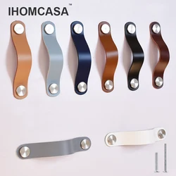 IHOMCASA-tiradores de cuero para muebles de cocina, pomo de latón para puerta de armario, armario, zapatos, acero inoxidable plateado