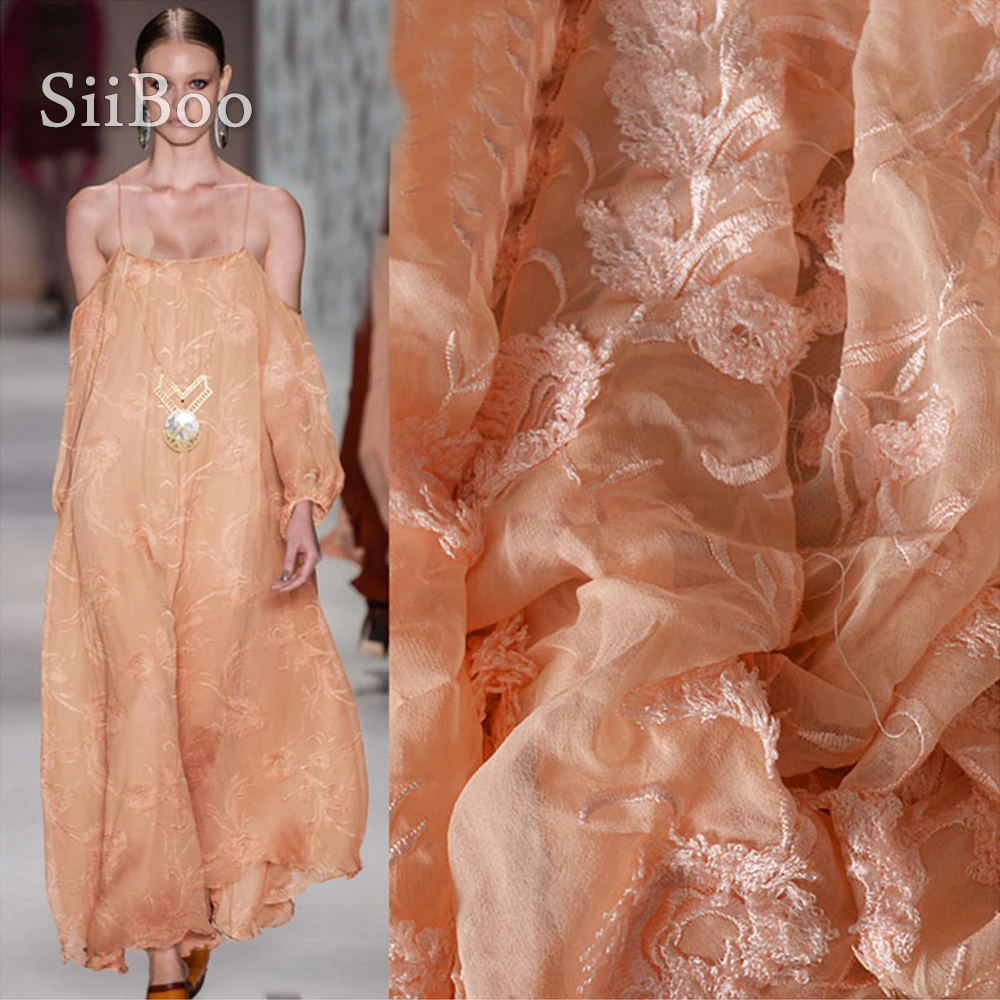 

Luxury light orange floral embroidery natural silk Georgette fabric for summer dress silk tissu tecidos stoffens tela 8mm SP5167