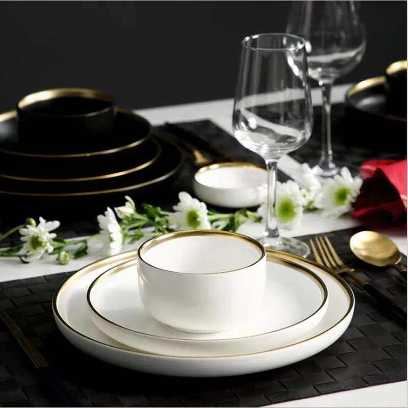 Black Porcelain Dinner Plate Set Kitchen Plate Ceramic Tableware Food Dishes Rice Salad Noodles Bowl Mug Cutlery Set