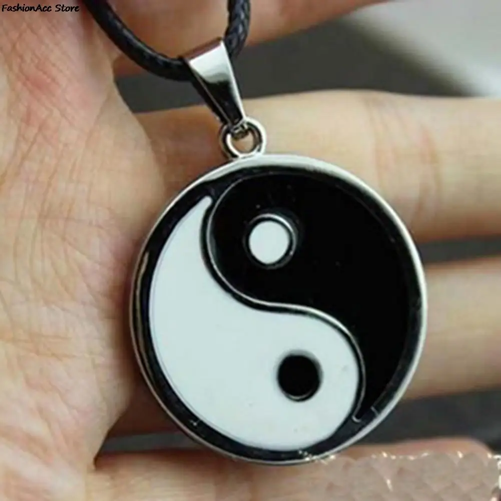 Jewelry Vintage Steel Men PU Leather Necklaces Stainless Black White Necklace Yin Ying Yang Pendant Necklace 3cm*3cm