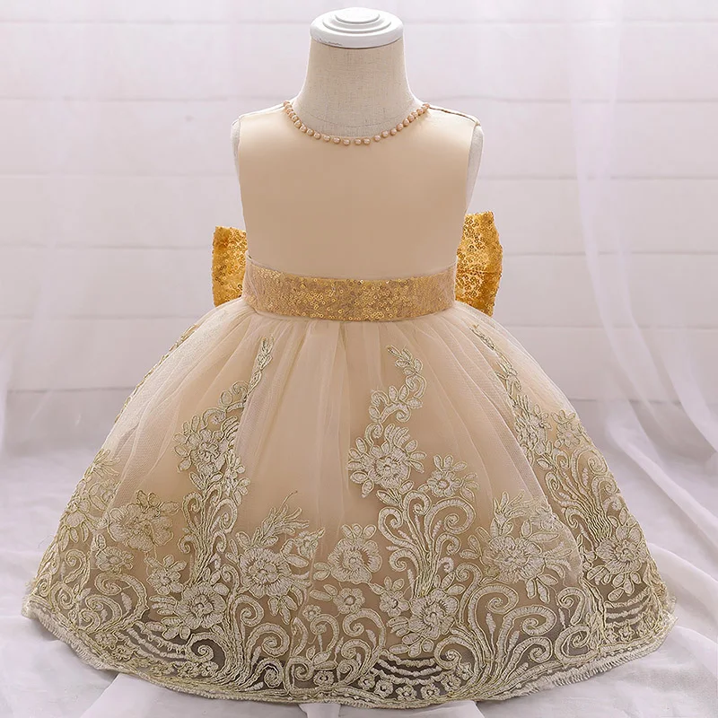 Big Bow Flower Champagne 1srt Birthday Dress Baby Girl Clothes Princess Party Baptism Dress Infant Vestidos Toddler Costume