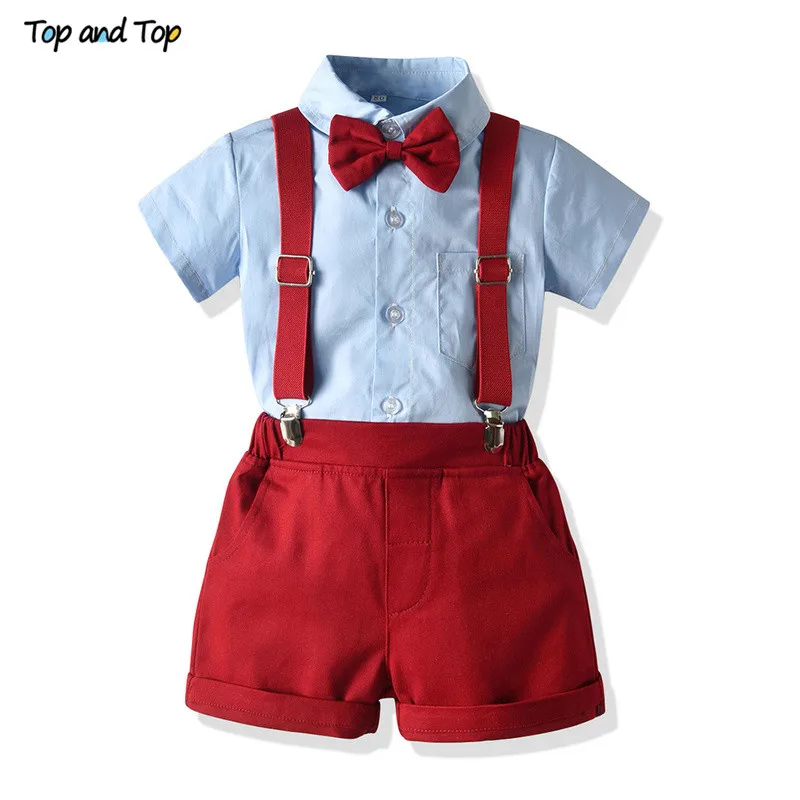 

Top and Top Newborn Baby Boy Gentleman Clothes Set Short Sleeve Bowtie Shirt Tops+Suspenders Shorts Outfits Infant Formal Suit