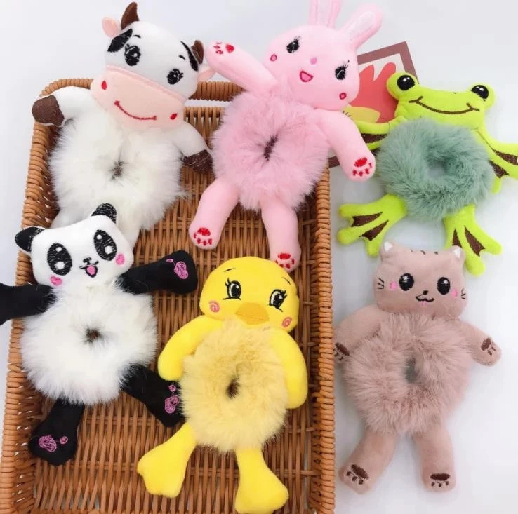 New Korea Cartoon Bear Frog Hair Band Hairwear for Women Girls Children Lovely Fluffy Animal Elastic Hair Rope Hair Accessories