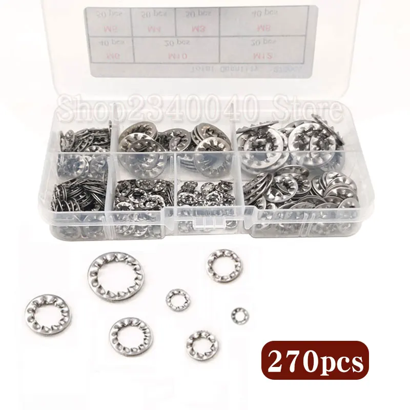 270pcs/set Internal Toothed Lock Washers Assortment Kit 304 Stainless Steel Gasket M3 M4 M5 M6 M8 M10 M12 Serrated Lock Washer