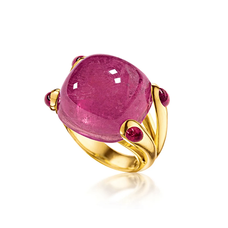 New Elegant Pink Tourmaline Candy Series Engagement Fine Jewelry Gift Electroplated 18K Gold Convex Round Amethyst Sapphire Ring