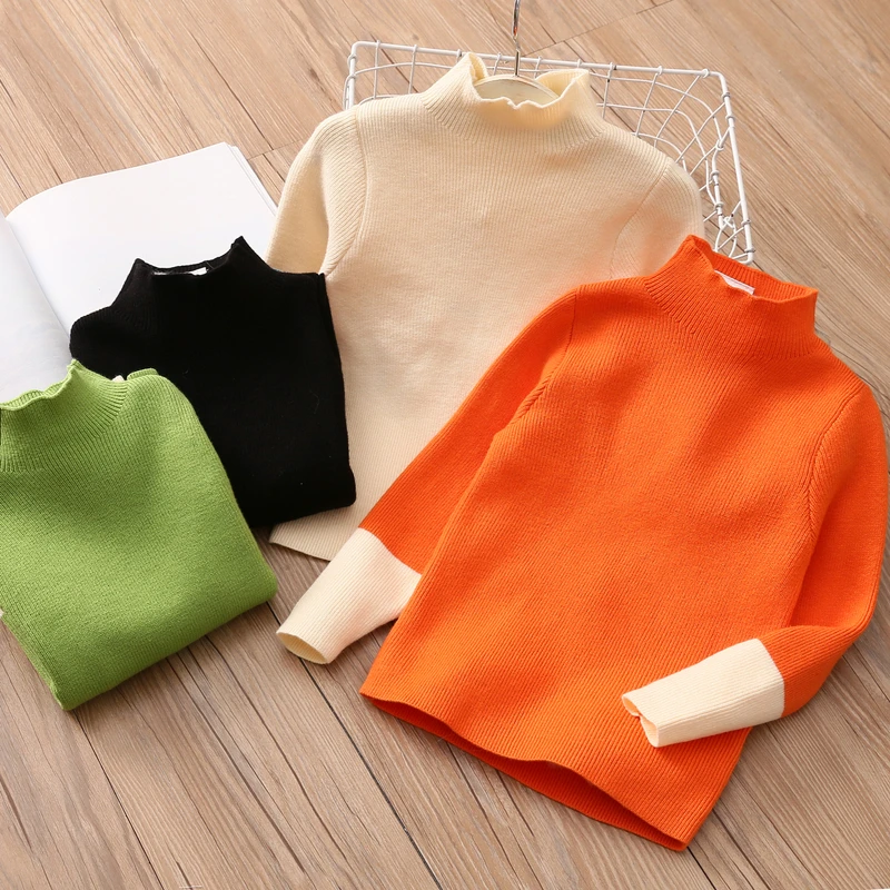 2024 Spring Autumn Winter New 2 3 4 6 8 10 Years High Neck Knitted Turtleneck Color Block Patchwork Sweater For Baby Kids Girls