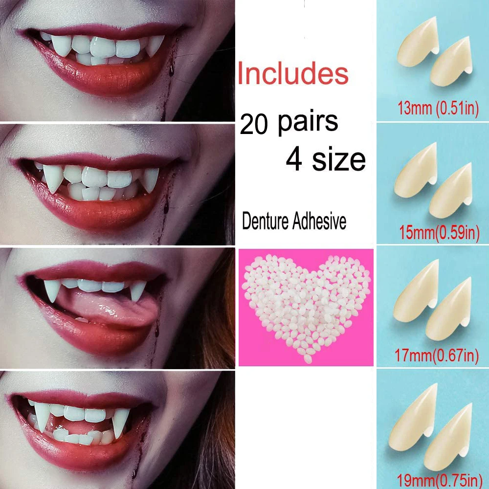 

20 Pairs Fake Vampire Teeth Fangs Halloween Party Zombie Ghost Devil Cosplay - Include Denture Adhesive - (13mm 15mm 17mm 19mm)