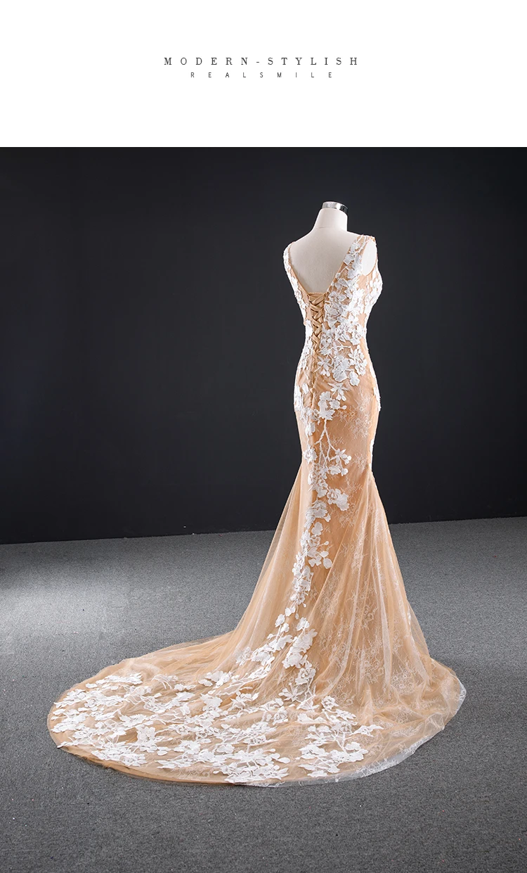 Robe de mariée sans manches, couleur ivoire, dentelle, dos lacé, sirène, traine, couleur Champagne, 2021