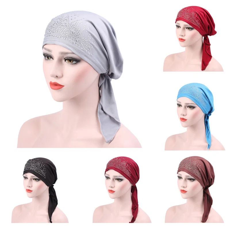 New Women Muslim Fashion Hijab Cancer Chemo Solid Color Rhinestone Turban Head Cover Hair Loss Scarf Wrap Pre-tied Bandanas