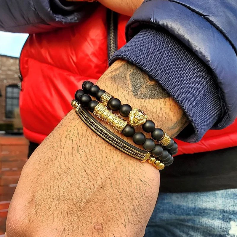 High Quality New Design Natural Stone Tiger Eye Onyx Lava Rock Beads Stainless Steel Lion Charm Elastic Bracelet Men Jewelry