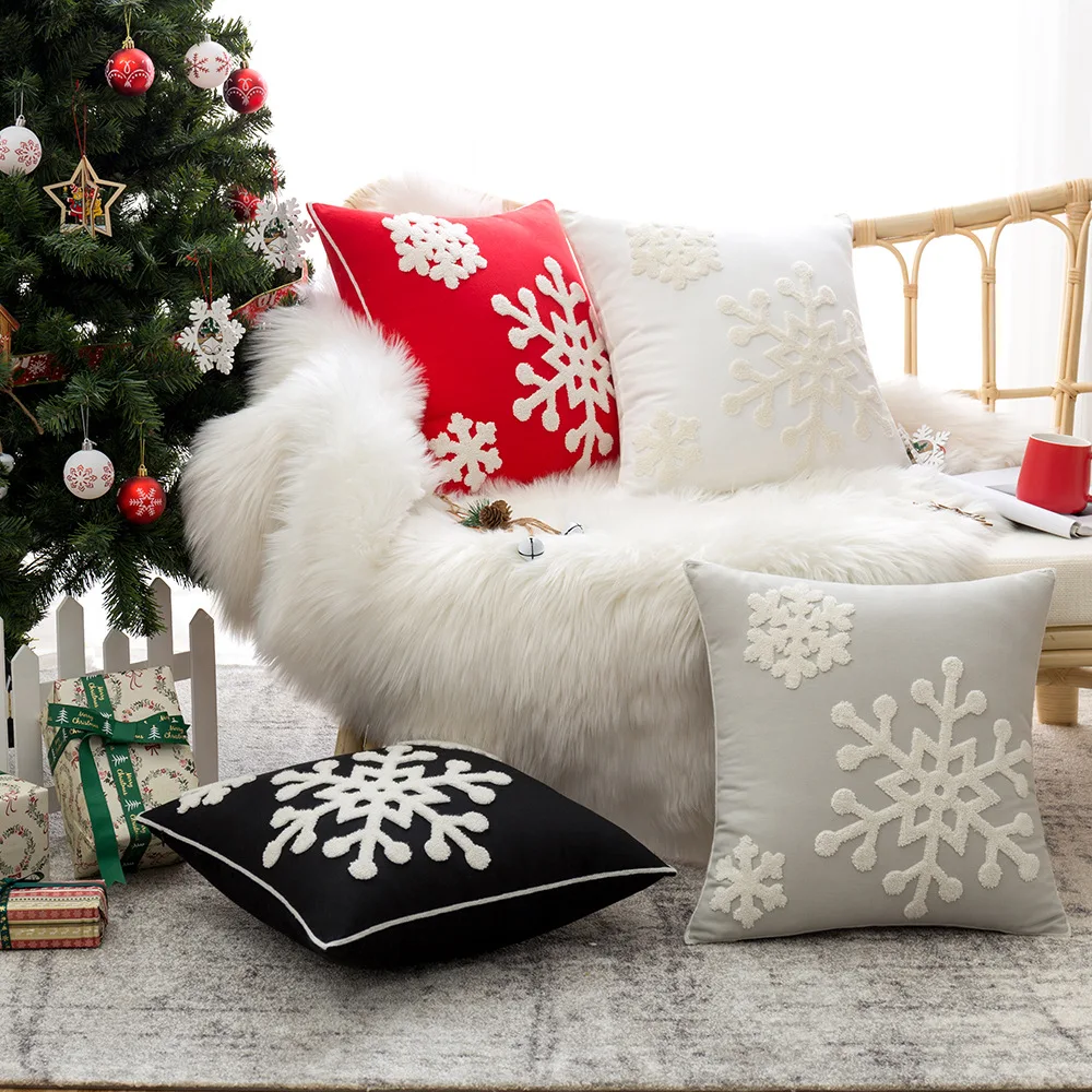 Christmas Style Big Snowflake Throw Pillow Case 45x45cm Canves Wool Embroidery Cushion Cover For Noel Party Home Decoration