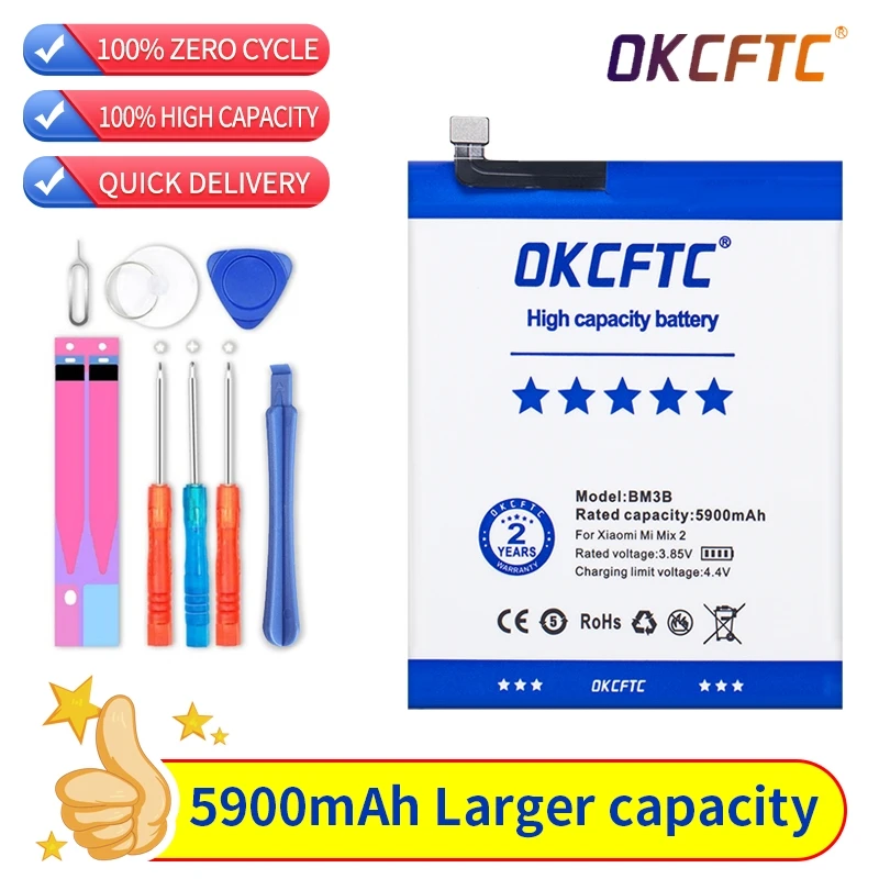 Original OKCFTC Battery for Xiaomi MIX2 MIX2S BM3B 5900mAh High-capacity Version Li-Polymer Replacement Bateria with Tools Gifts