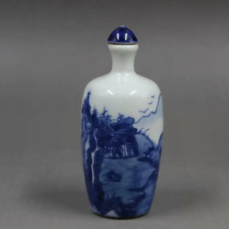 

Chinese Blue White Porcelain Qing Kangxi Mountain Design Snuff Bottle 3.3 Inch Decorative Collectible Artwork