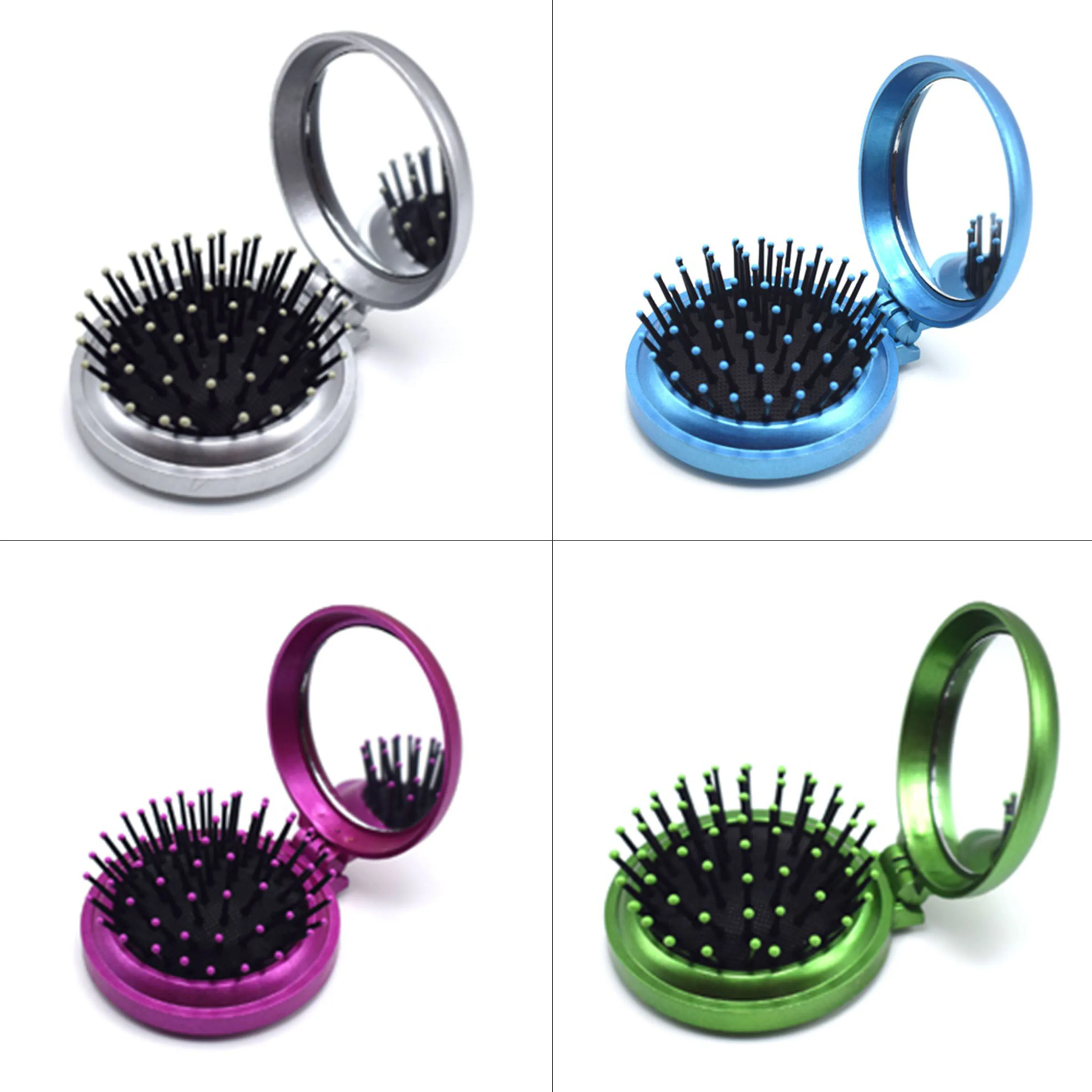 1pc Folding Air Bag Comb With Mirror Compact Pocket Size Portable Travel Hair Brush Cosmetic Mirror Head Massager Relax Round