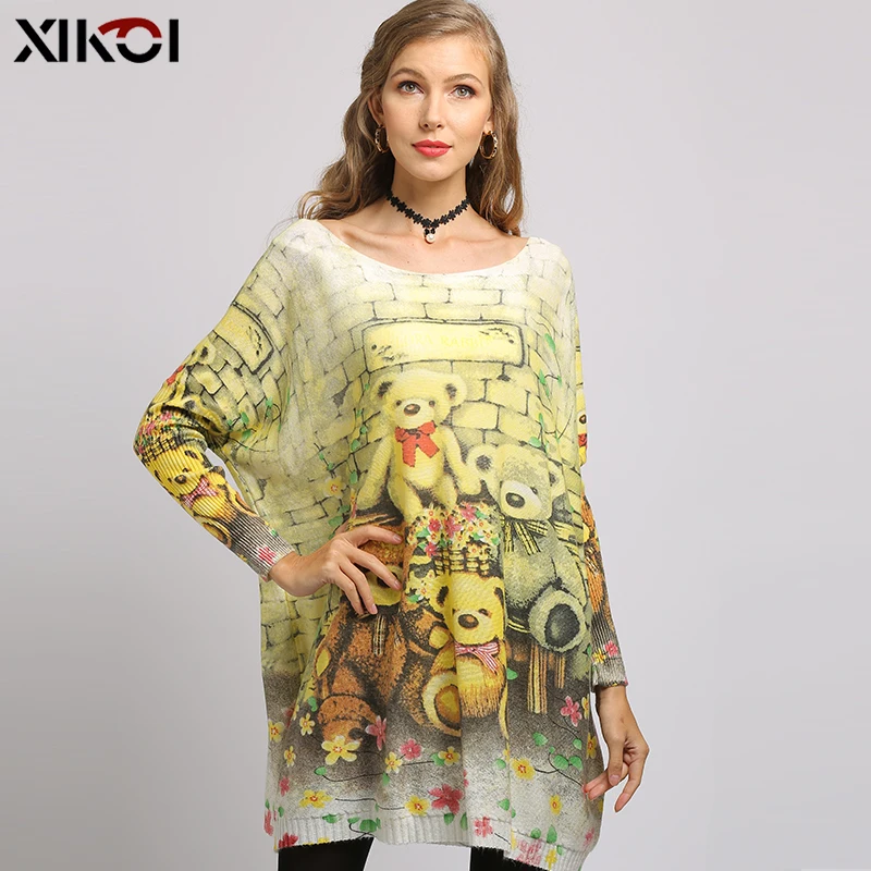 XIKOI Autumn New Lovely Teddy Bear Print Knitted Sweater Dresses Women Oversize Winter Pullover Long Pull Femme Batwing Sleevees