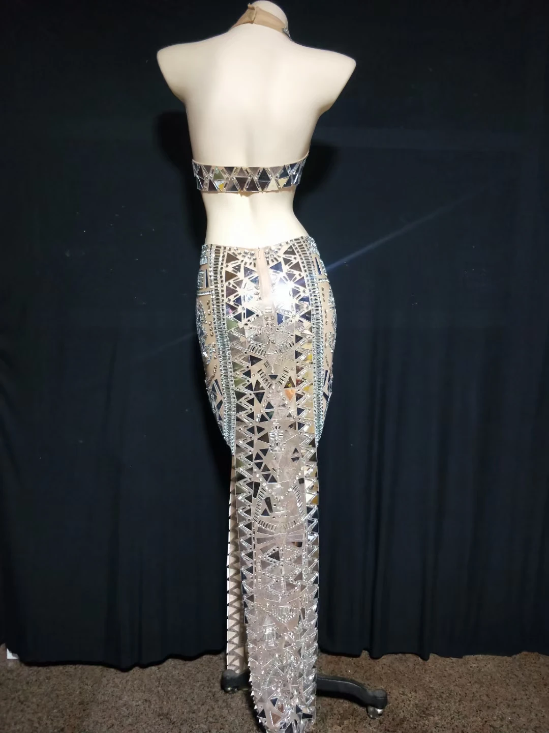Vestido largo con abertura alta y diamantes de imitación para mujer, ropa de escenario Sexy con cuello en V y espalda descubierta, traje de actuación, trajes de fiesta de noche