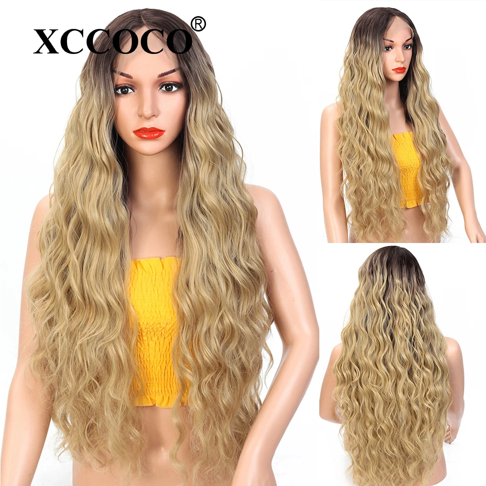 Synthetic Lace Wigs For Black Women Ombre 99j Middle Part Lace Wigs 30inch Long Wavy Blonde African American Wigs Free Shipping