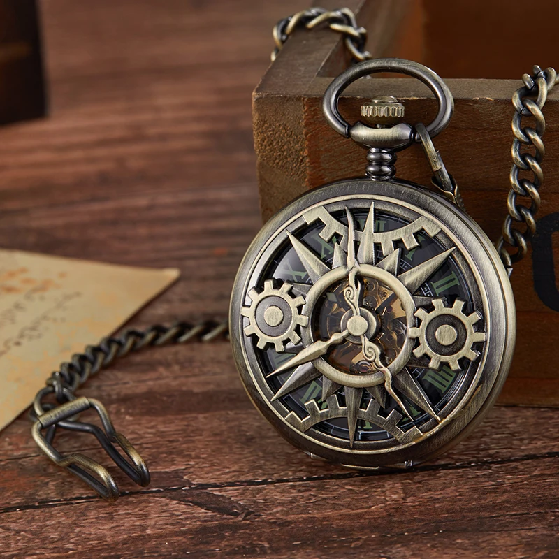 Fashion Unique Design Steampunk Skeleton Mechanical Pocket Watch Men Antique Luxury Brand Necklace Pocket & Fob Watches Chain Ma