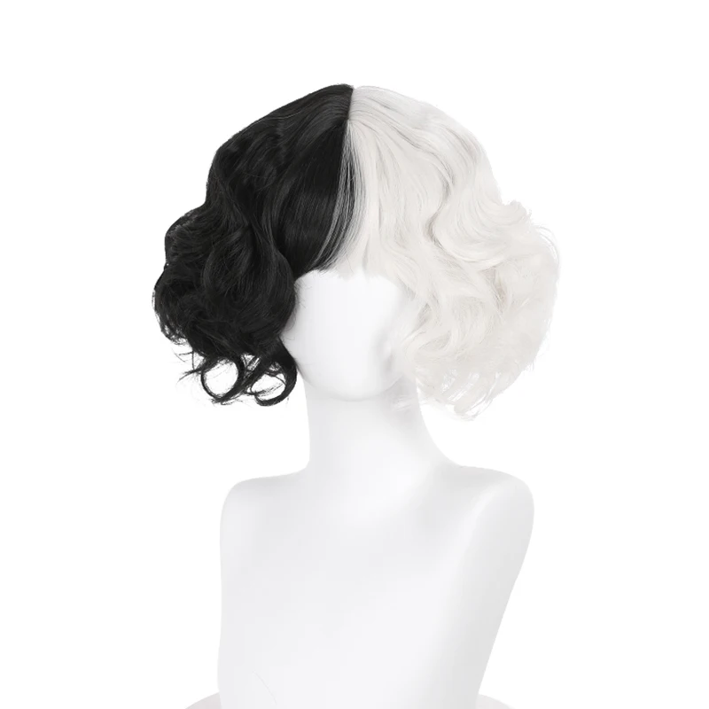 

New Movie Cruella Wigs Half Black Half Milk White Short Curly Heat Resistant Hair Cruella de Vil Cosplay Wig + Wig Cap