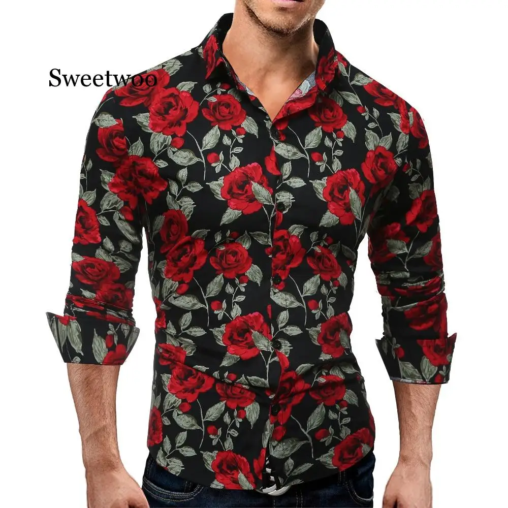 Men's Long Sleeve Casual Shirts Fashion Rose Flower 3D Print Floral Shirt Turn-down Collar Slim Fit Shirt Mens Clothing