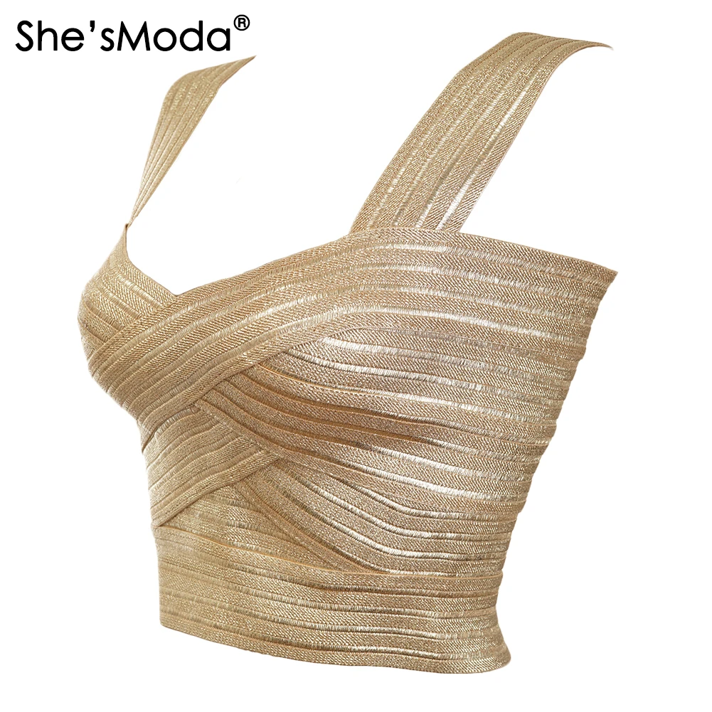 She\'sModa Luxury Golden Bandage Slim Sleeves Women\'s Spandex 2024 New Summer Cropped Tops Vest Tank Party Bachelorette Plus Size