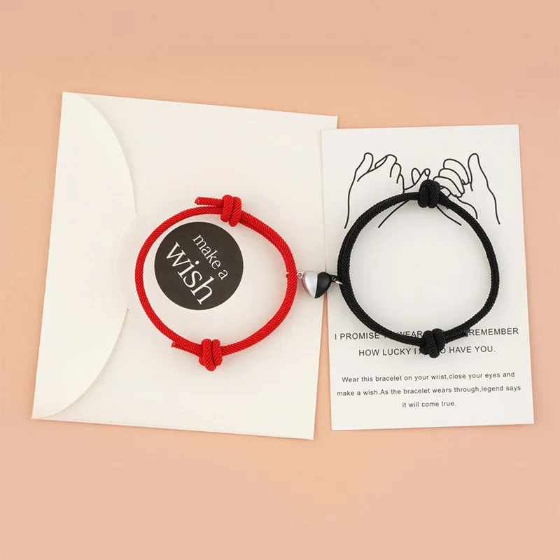 2Pcs/Set Lovers Heart Matching Friendship Bracelet Rope Braided Couple Magnetic Distance Bracelet Kit Lover Jewelry