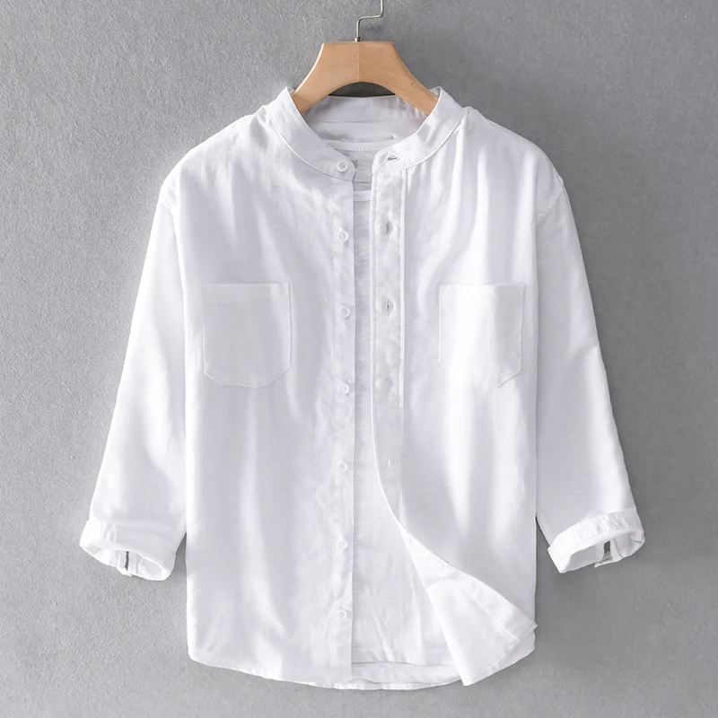 

New Italy style three-quarter sleeve linen shirt men brand casual cotton shirts for men fashion stand collar shirt mens chemise