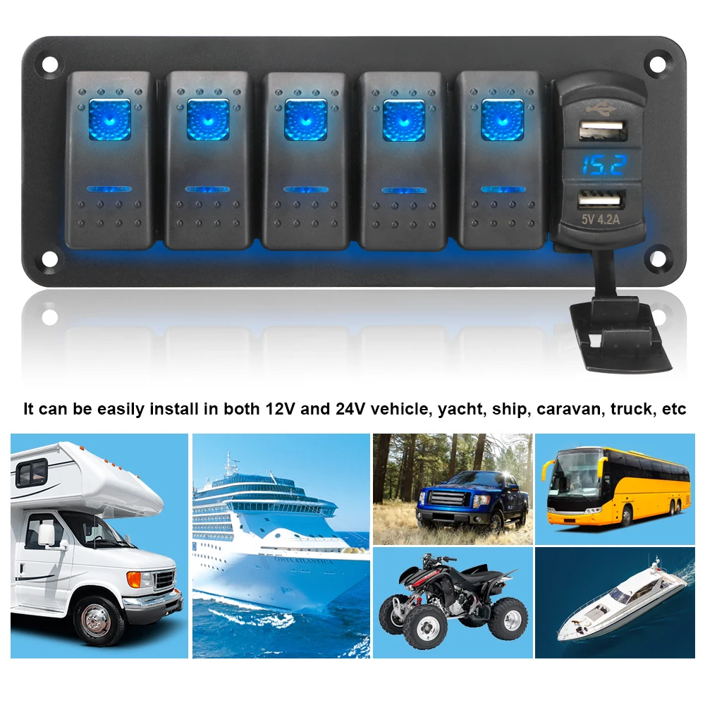 4.2A Outlet Combination Automobile switch 5 Gang Rocker Switch Panel Dual USB Port Digital Voltage Display