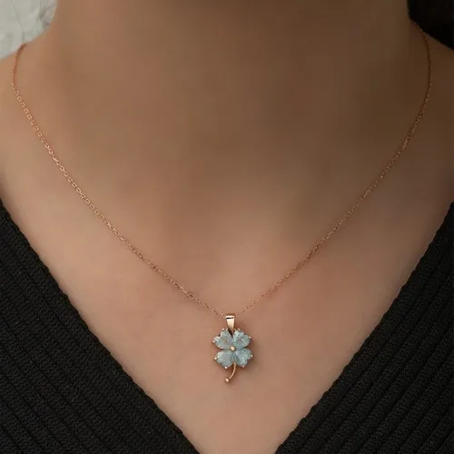 925 sterling Silver Ice Blue Clover Women Silver Necklace