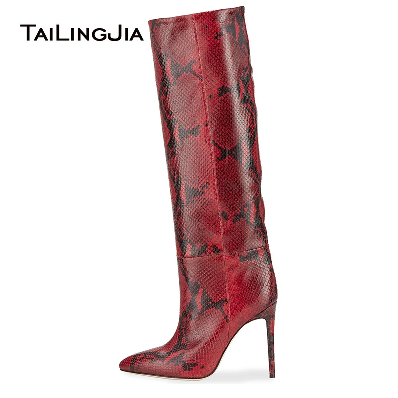 

Red Snake Print Knee Boots For Women 2021 High Heel Long Boots Slip On Tall Boot Opinted Toe Ladies Winter Shoes Large Size