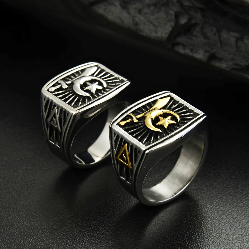 Valily Jewelry Mens Ring Gold Star Moon Sword Islam Ring for Men Stainless Steel Fashion Finger Band Ring Arab Allah Crescent