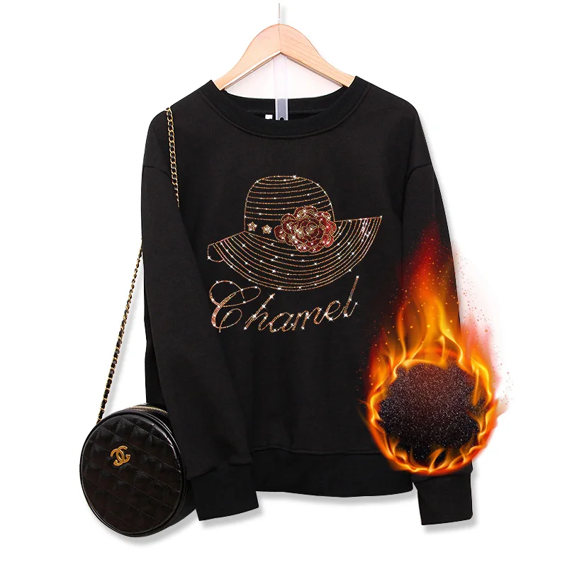 Winter Fashion Keep warm Loose Sweatshirts female Fleece thickening Creativity Hats Hot diamonds Women long sleeve pullovers