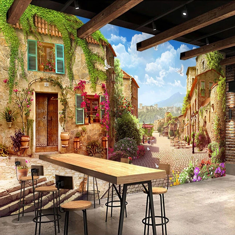 Custom Photo Mural Small Town Street View European Style Retro Cafe Restaurant Bar Background 3D Wall Murals Non-Woven Wallpaper