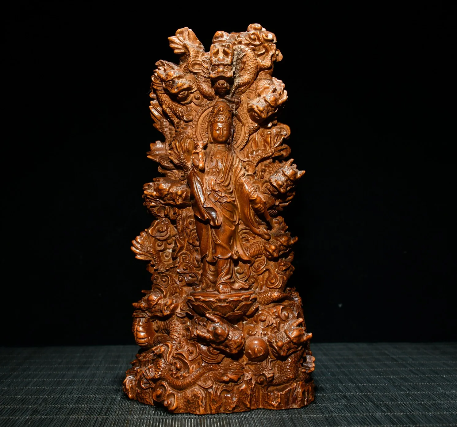 

8"Tibetan Temple Collection Old Boxwood Nine Dragons Statue protect Guanyin Bodhisattva Sitting Buddha Worship Hall Town house