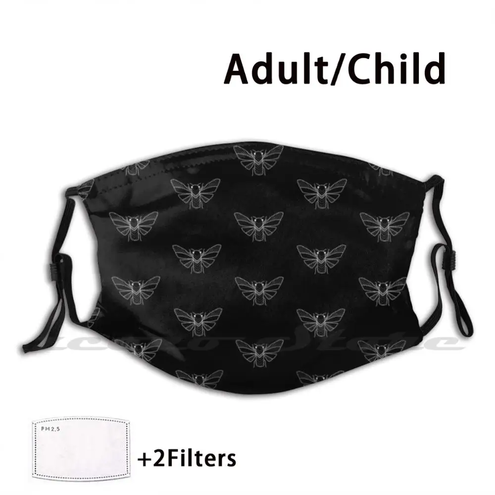 

Periodical Cicada ( White On Black ) Mask Cloth Reusable Print Filter Washable Cicada Bug Insect Line Art B W